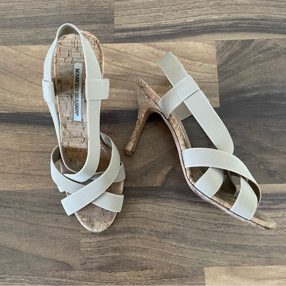 Manolo Blahnik Lasti Cork Heels Cream Neutral 6.5 - Picture 4 of 15